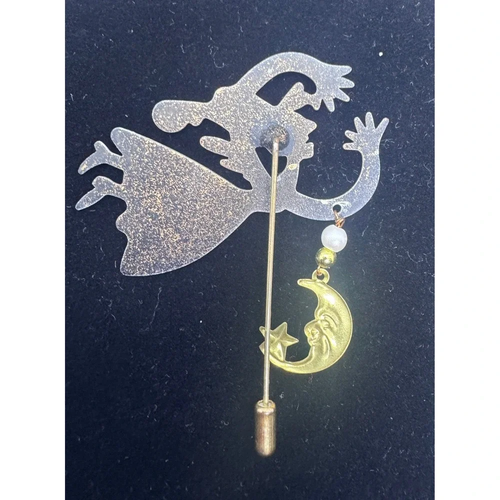 Rossi Vintage Hand Painted Celestial Angel Stick Pin Moon Star Dangle Brooch